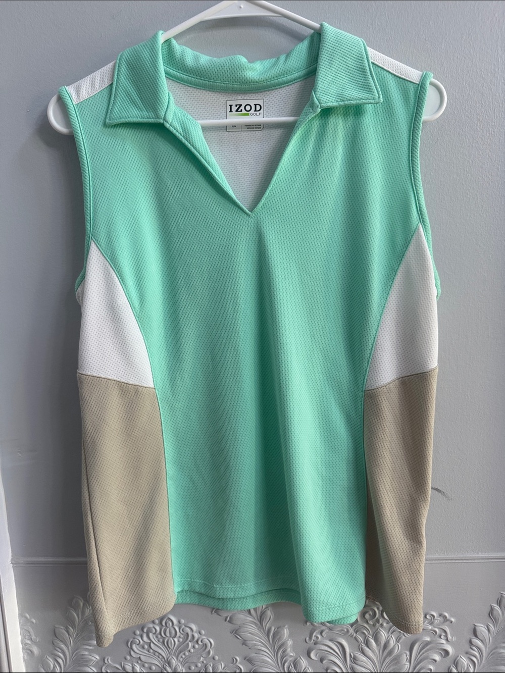 Izod Mint Green Sleeveless Golf Polo with White & Tan Panels